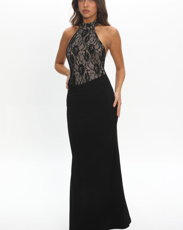 Black Lace Bodice Halter Maxi Dress