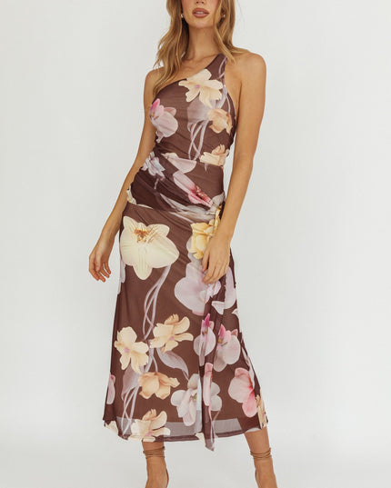 Brown Waist Sash Maxi Dress Floral