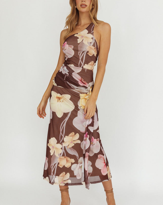 Brown Waist Sash Maxi Dress Floral