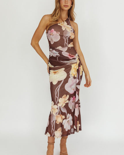 Brown Waist Sash Maxi Dress Floral