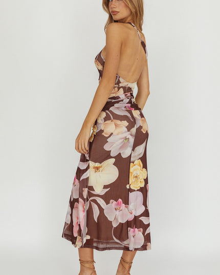 Brown Waist Sash Maxi Dress Floral