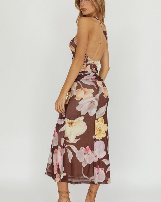 Brown Waist Sash Maxi Dress Floral