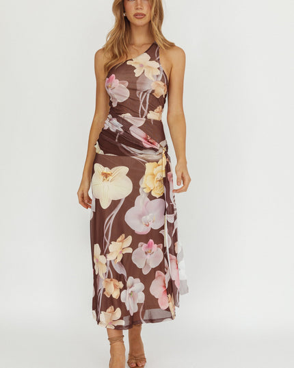 Brown Waist Sash Maxi Dress Floral