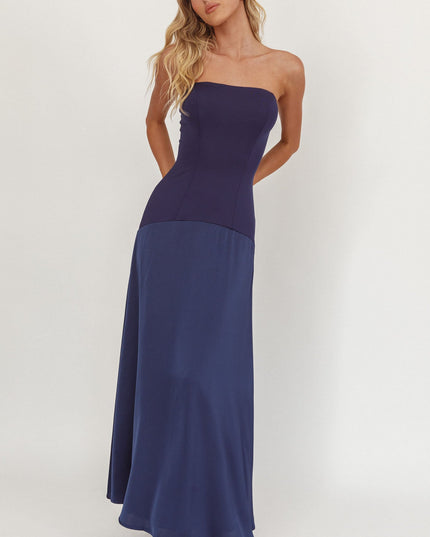 Navy Star Avenue Strapless Drop Waist Maxi Dress