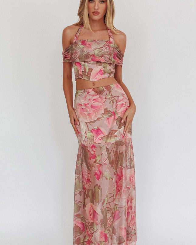 Blush High Sheer Hem Maxi Skirt Floral