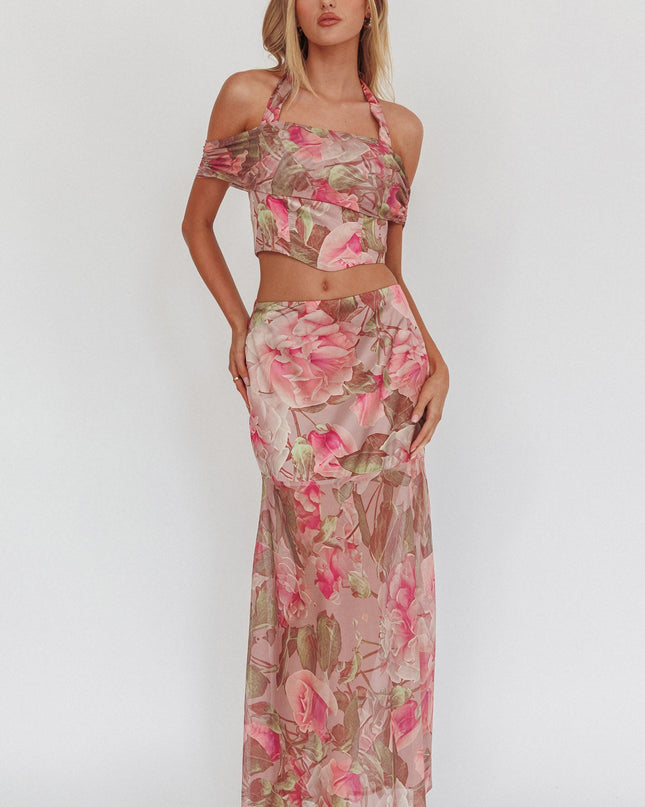 Blush High Sheer Hem Maxi Skirt Floral