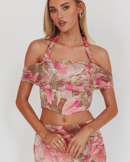Blush High Halterneck Crop Top Floral