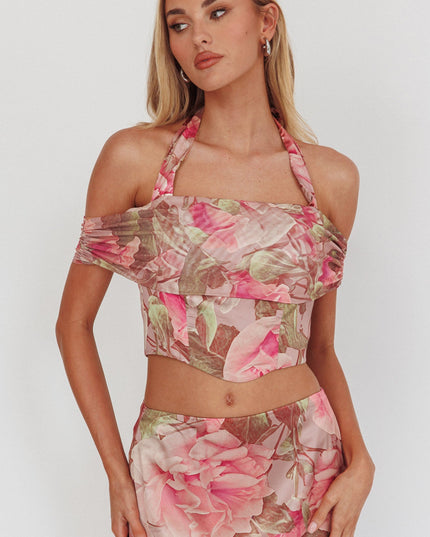 Blush High Halterneck Crop Top Floral
