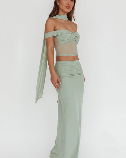 Sage Lights Ruched Midi Skirt