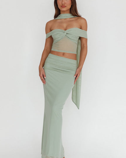 Sage Lights Ruched Midi Skirt
