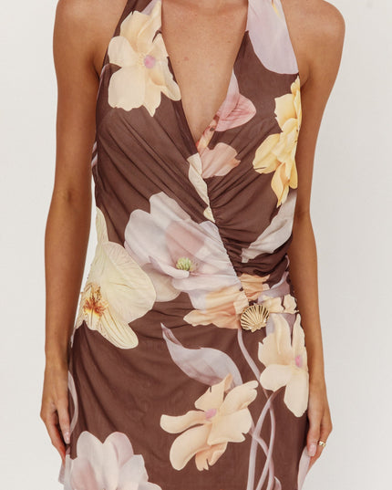 Brown Halterneck Mini Dress Floral