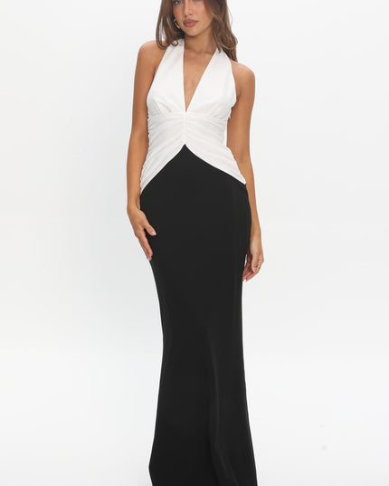White/Black Gathered Waist Maxi Dress