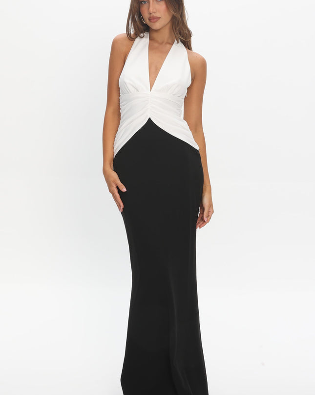 White/Black Gathered Waist Maxi Dress