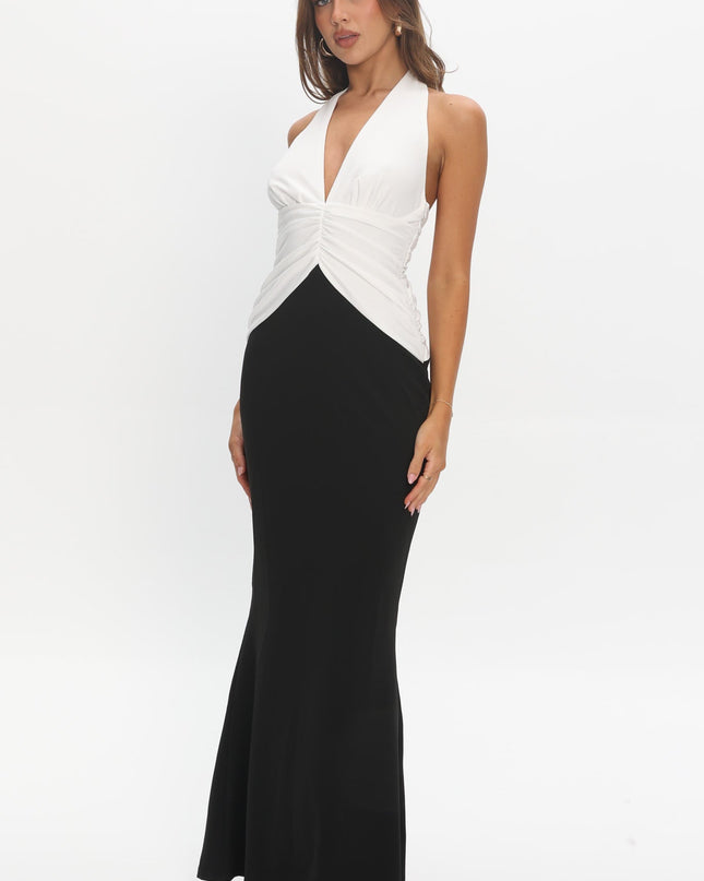 White/Black Gathered Waist Maxi Dress