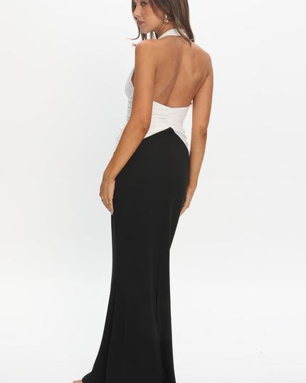 White/Black Gathered Waist Maxi Dress