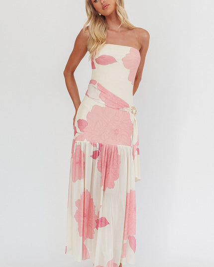 Pink Strapless Waist Sash Maxi Dress Floral