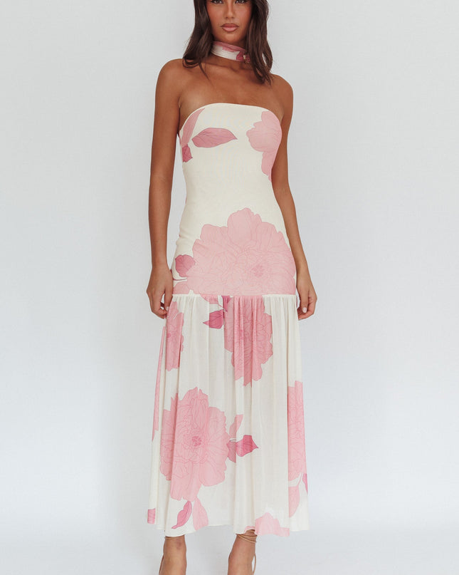Pink Strapless Waist Sash Maxi Dress Floral