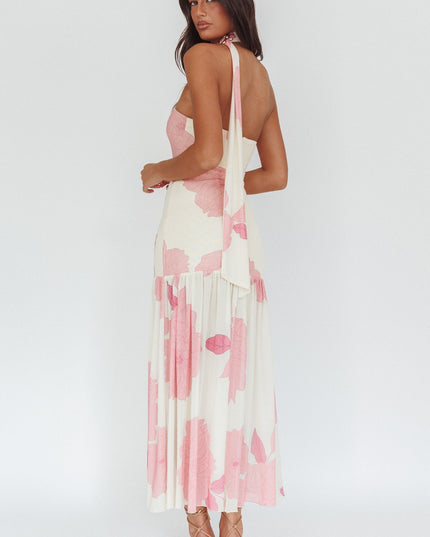 Pink Strapless Waist Sash Maxi Dress Floral