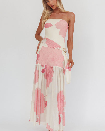 Pink Strapless Waist Sash Maxi Dress Floral