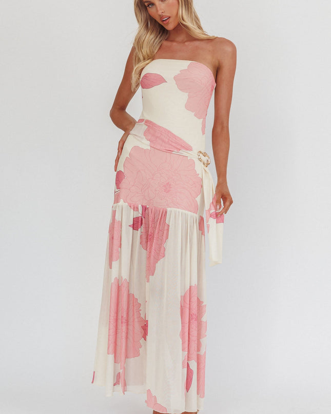 Pink Strapless Waist Sash Maxi Dress Floral
