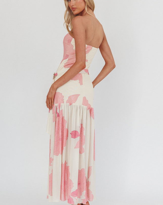 Pink Strapless Waist Sash Maxi Dress Floral