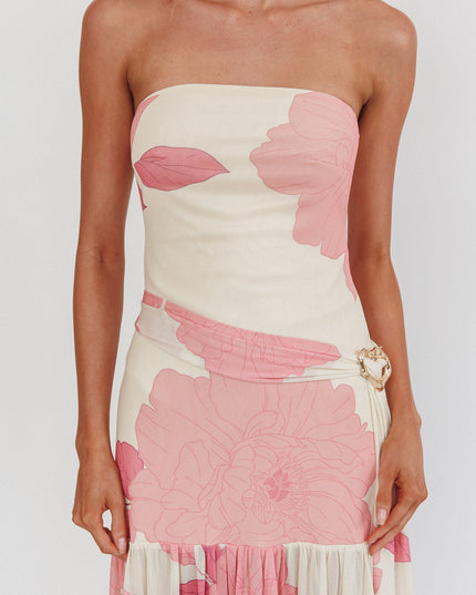 Pink Strapless Waist Sash Maxi Dress Floral