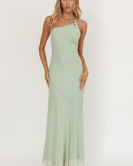 Mint Together One-Shoulder Buckle Maxi Dress