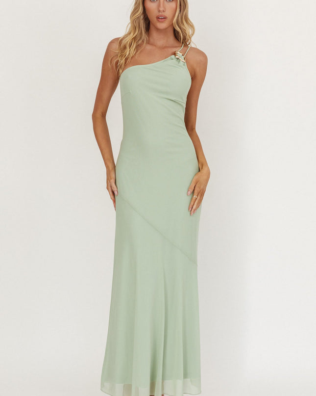 Mint Together One-Shoulder Buckle Maxi Dress