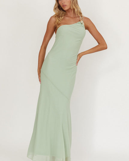 Mint Together One-Shoulder Buckle Maxi Dress
