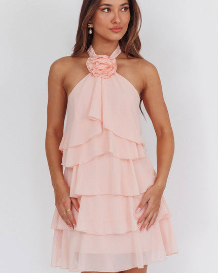 Pink Halterneck Ruffle Mini Dress