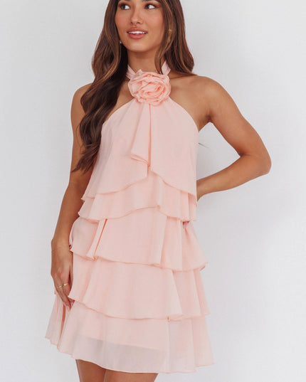 Pink Halterneck Ruffle Mini Dress