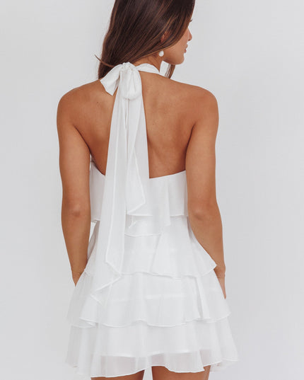 White Halterneck Ruffle Mini Dress