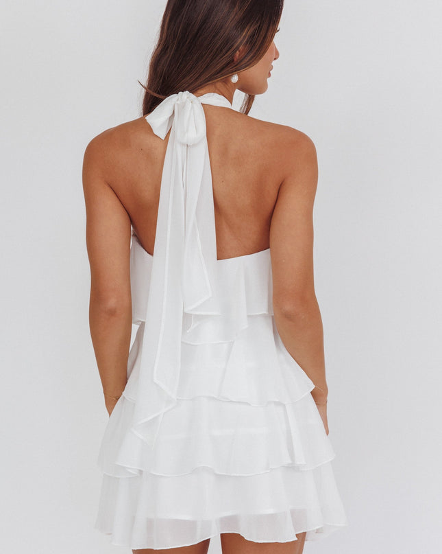 White Halterneck Ruffle Mini Dress