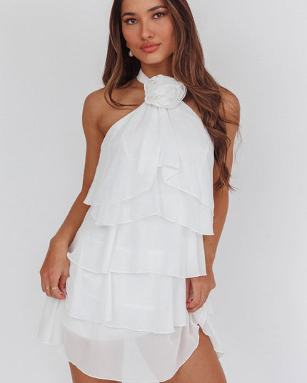 White Halterneck Ruffle Mini Dress