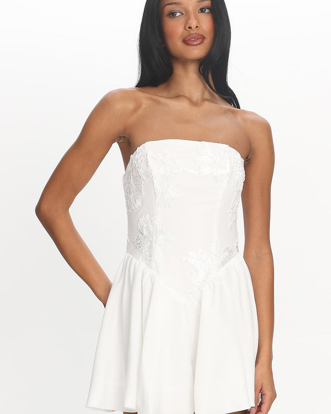 White Basque Waist Strapless Mini Dress