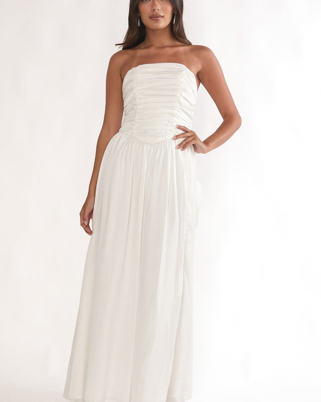 White Strapless Bow Back Maxi Dress