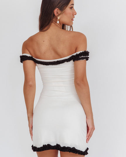 Cream Off-Shoulder Frill Trim Mini Dress