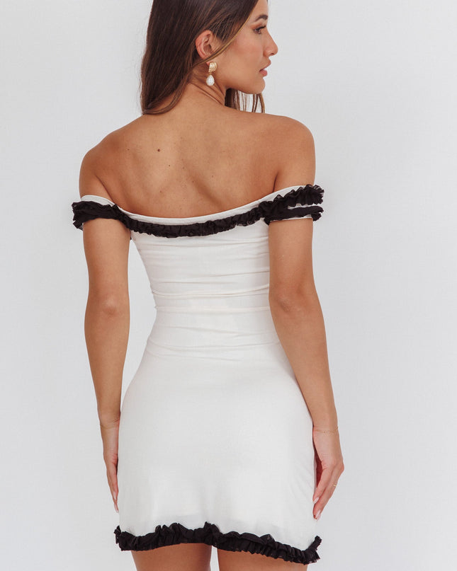 Cream Off-Shoulder Frill Trim Mini Dress