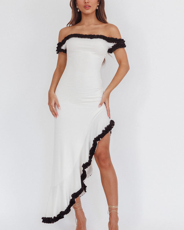 Cream Off Asymmetric Off-Shoulder Dress