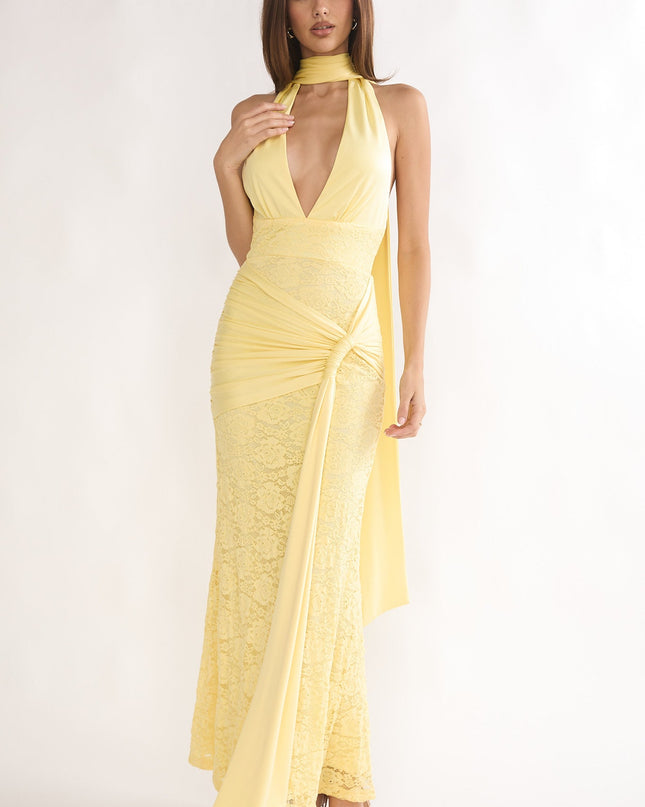 Butter Halterneck Waist Sash Maxi Dress Lace
