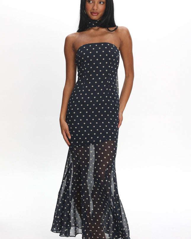 Navy Strapless Sheer Godet Hem Maxi Dress Print