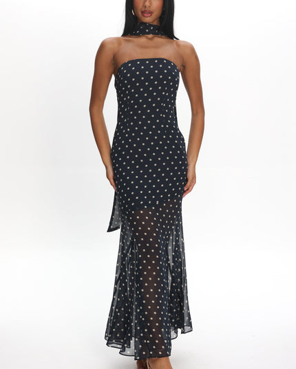 Navy Strapless Sheer Godet Hem Maxi Dress Print