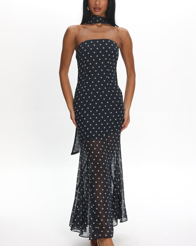 Navy Strapless Sheer Godet Hem Maxi Dress Print