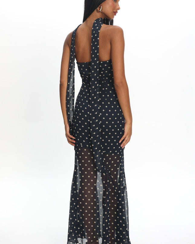 Navy Strapless Sheer Godet Hem Maxi Dress Print