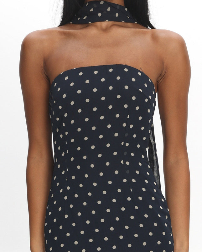 Navy Strapless Sheer Godet Hem Maxi Dress Print