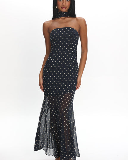 Navy Strapless Sheer Godet Hem Maxi Dress Print