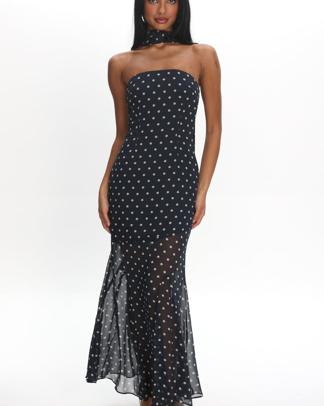 Navy Strapless Sheer Godet Hem Maxi Dress Print