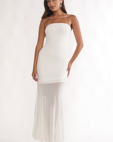 White Strapless Sheer Godet Hem Maxi Dress