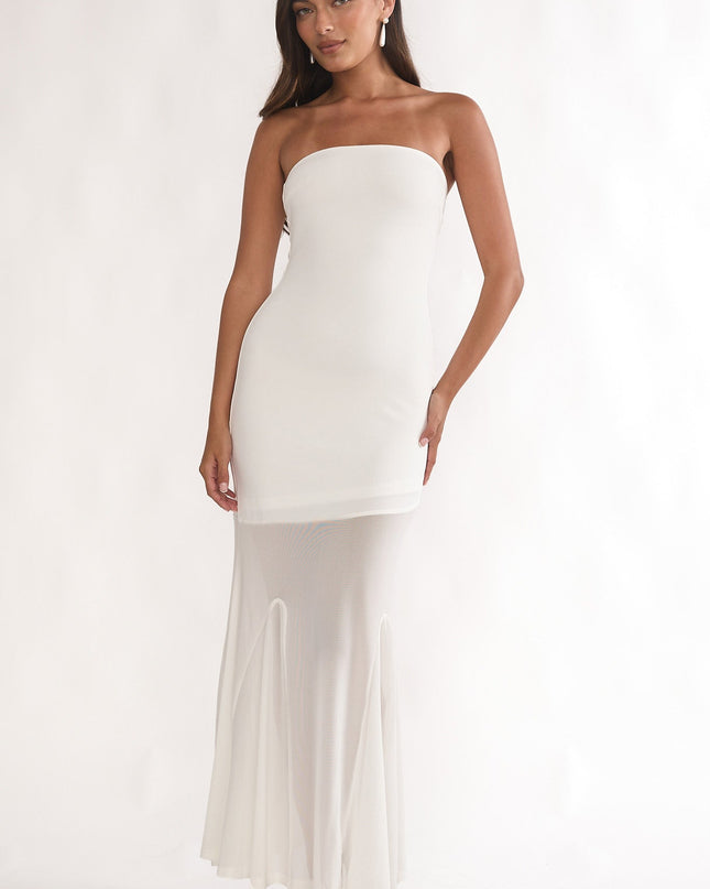 White Strapless Sheer Godet Hem Maxi Dress