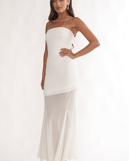 White Strapless Sheer Godet Hem Maxi Dress